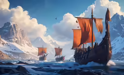 a video game scene of three ships engaging in the ocean