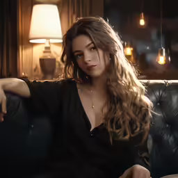 woman posing on leather couch at night