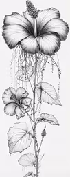 a flower drawing of a plant with two flowers and leaves,a plant with flowers and leaves is drawn in black and white