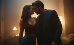 a young man and woman sharing an intense kiss