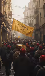 people in jackets and red hats walk along a busy street