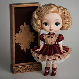 doll sitting next to a framed print box on a table