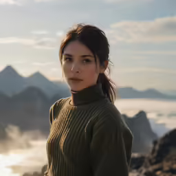 a woman standing on a rocky beach with a mountain range in the background