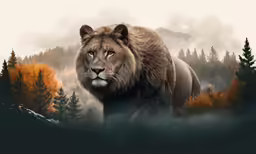 an artistic picture of a large lion in the mountains