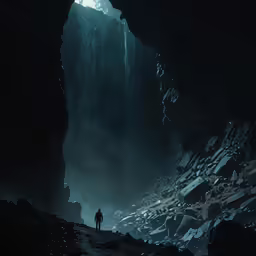 the person is walking away from a dark cave