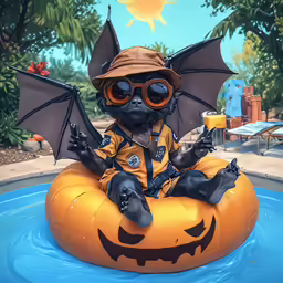 a cute cat in an orange float wearing sunglasses