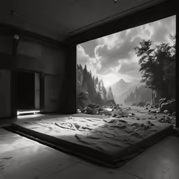 an empty room with a large screen that is projected to the ceiling