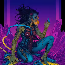 a picture of a lady with tattoos on sitting next to rocks and holding something