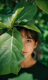 a young woman standing beneath leaves on the ground