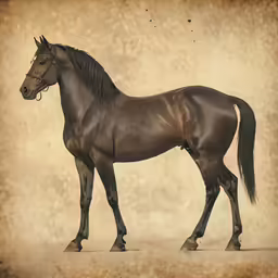 a brown horse with long hair is standing against a light tan background