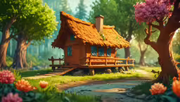 a house with trees and flowers next to a pathway,a house that has some grass on the top