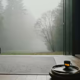 the room with a window in it has an empty coffee cup and a wheel on it