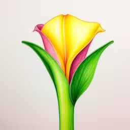 this is a drawing of a flower and its stem,the painting shows a single yellow and purple flower,a close up of a colored flower with watercolor pencils,a flower drawn by colored pencils is on the paper,a colorful flower in a tall green stem