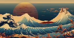 a painting with an unusual wave shape in the middle,the ocean, trees, and mountains are seen in this painting