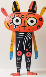 a colorful hand made figure stands against a white backdrop