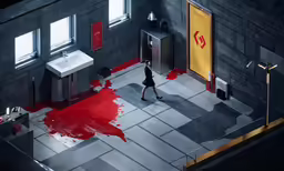 a woman walking towards a bathroom sink next to a sink and red spilled red carpet