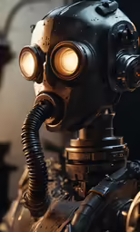 an action figure wearing a gas mask, with two lights on