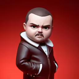 the life sized figurine has black hair and an odd look on his face