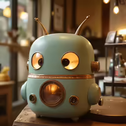 a small blue robot sitting on top of a wooden table