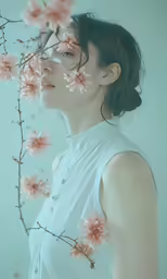 a woman in a white dress stands next to a pink flower