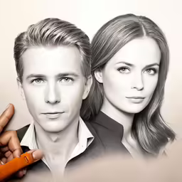 this hand drawn picture is titled pencil drawing of a man and a woman holding an orange object