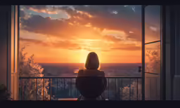a woman sitting in a chair looking out over the city