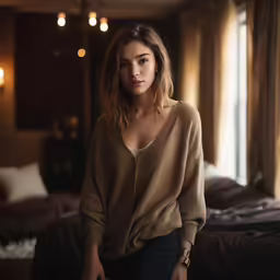 a person standing in a room with brown furniture
