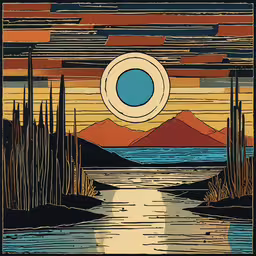 a sunset and some water with a lot of trees,a painting with trees, water, and mountains in the background