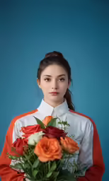 the woman is holding a bunch of flowers