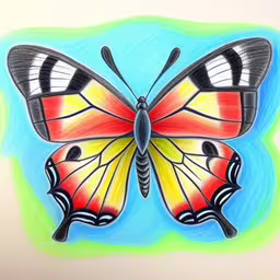 a painted butterfly sitting on a blue and green frame,the colorful butterfly is depicted with no wings,a drawing of a colorful butterfly in color,the butterfly has been colored with various colors,an artistic butterfly drawing is shown here