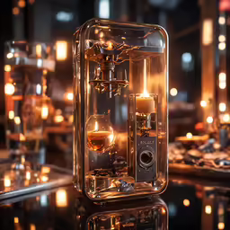 the gold lit candles are on display in the case