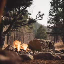 an outdoor campfire with rocks on the ground