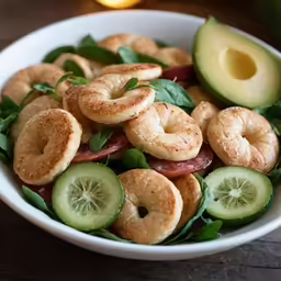 a salad that includes many small pretzels in a bowl