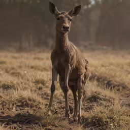 a deer with ear tags in a field of dry grass