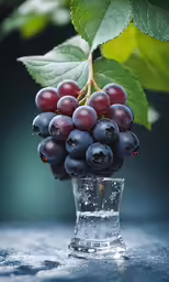 some blue grapes are placed in a glass vase