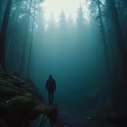 a person standing on a dirt road in the dark woods