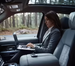 woman in grey jacket sitting in the back seat of car working on a laptop computer