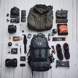a backpack and many other personal items laid out together on a white wooden surface