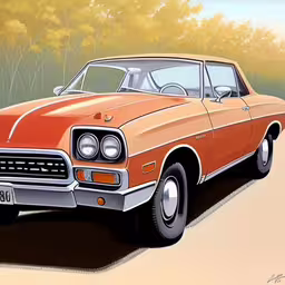 an orange car that is sitting on the ground,an orange car sits in the sand near trees