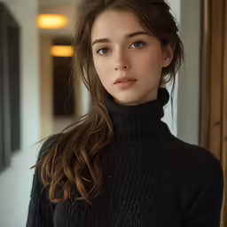 a woman with wavy brown hair wearing a black sweater