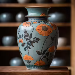 a vase with designs on the body sitting in front of shelves