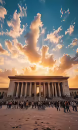 people standing in front of a large, stone monument at sunset