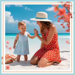 a mother and her baby on the beach with flowers
