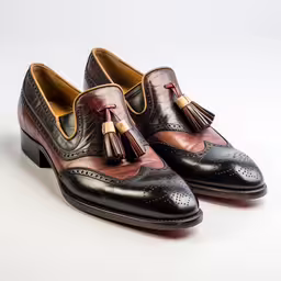 a pair of black, brown and tan tasselled leather shoes,a pair of shoes with tassels sitting on top of each other