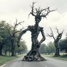 a tree growing in the middle of a road