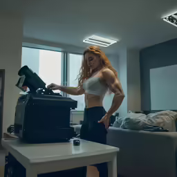 a woman in a white top and jeans with her arm on a television screen
