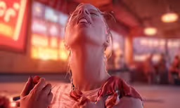 a beautiful young woman looking upward and holding an electronic device