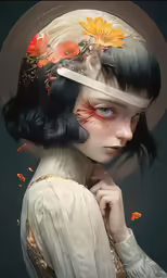 the girl is dressed in all white with flowers on her head
