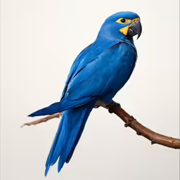 a blue parrot sits on the limb of a tree