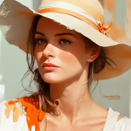 a woman in white shirt wearing a wide brimmed hat